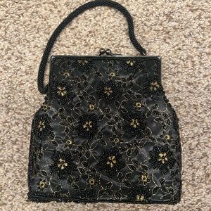 Beaded evening bag, black and gold